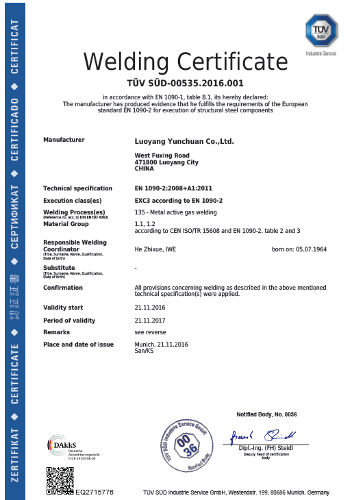 YCM is certified according to EN1090, ISO3834